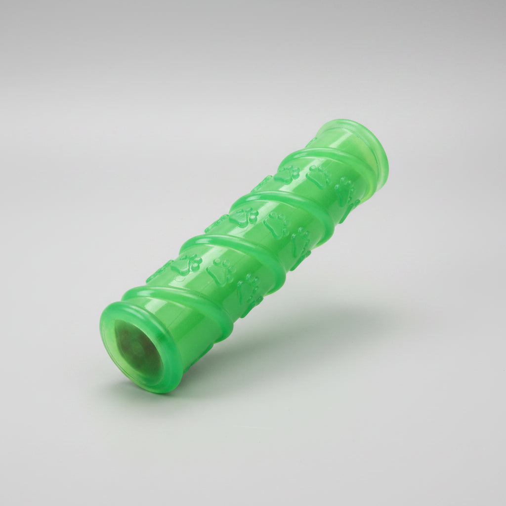 Green TPR glow-stick dog chew toy, cylindrical with open end
