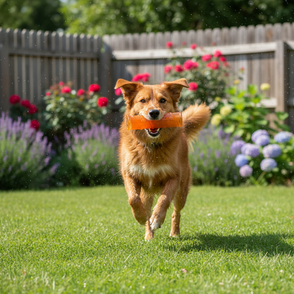 Orange TPR glow-stick dog chew toy held by a running dog