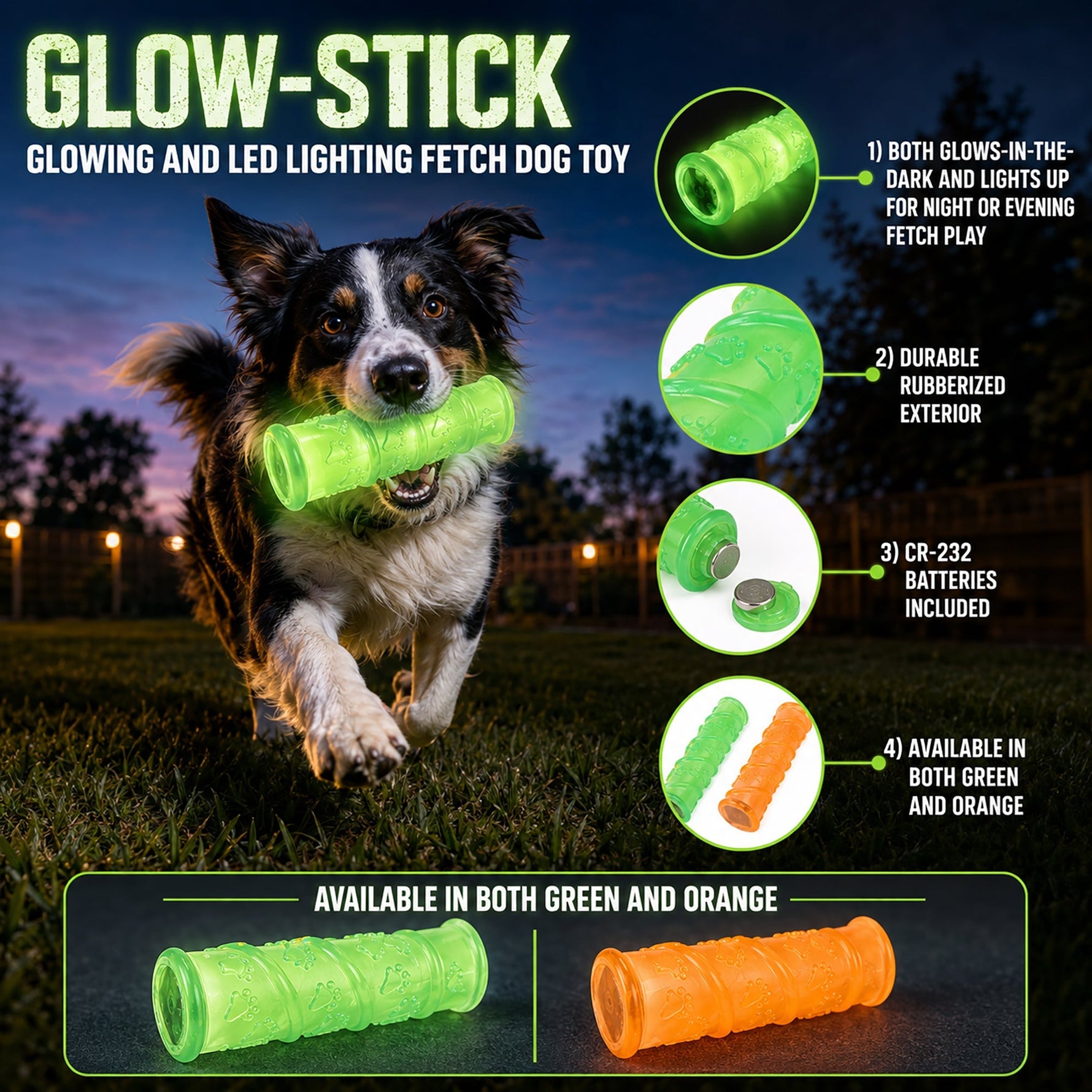 Green TPR glow-stick dog fetch toy with LED and squeak