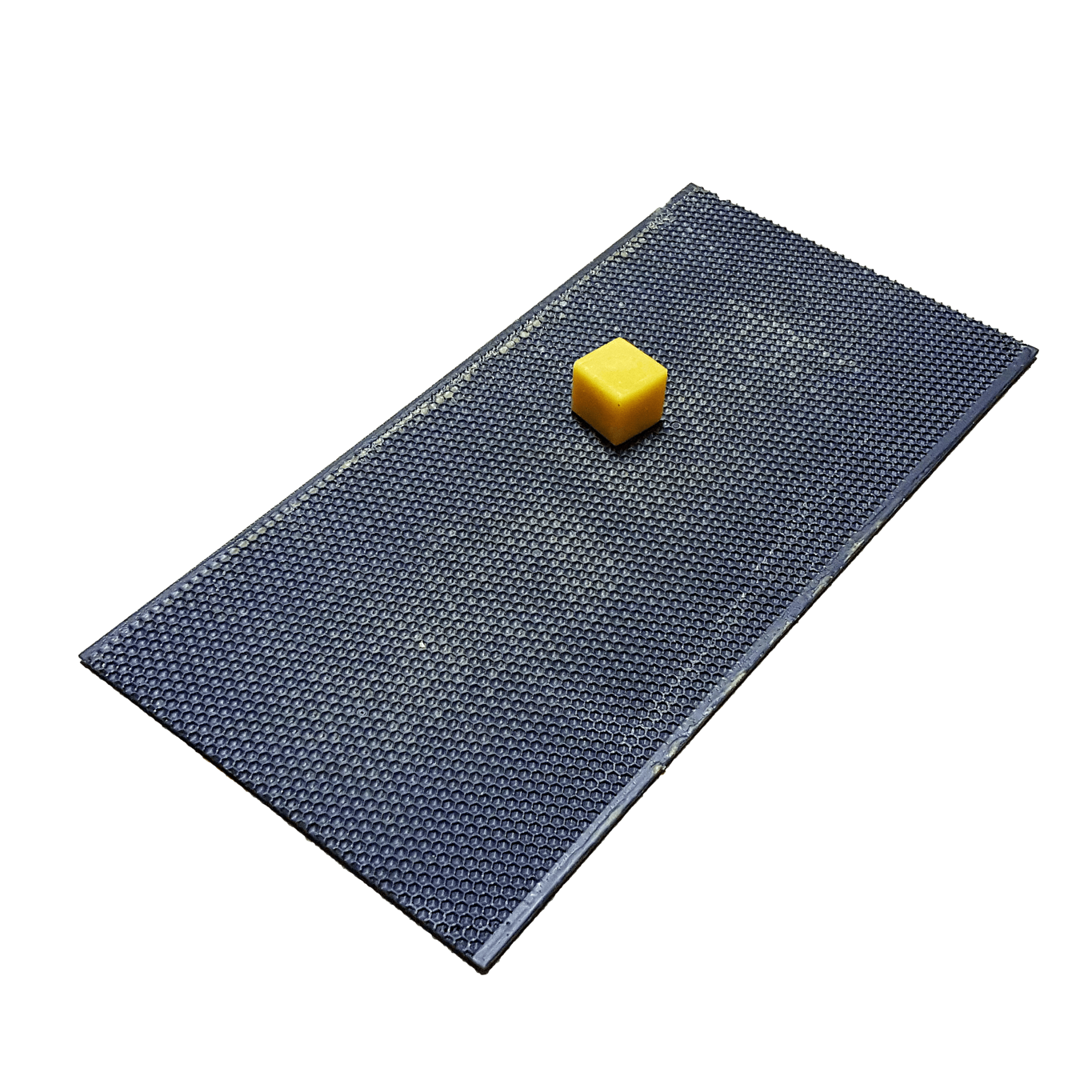 Dark plastic foundation sheet with small yellow wax block centered