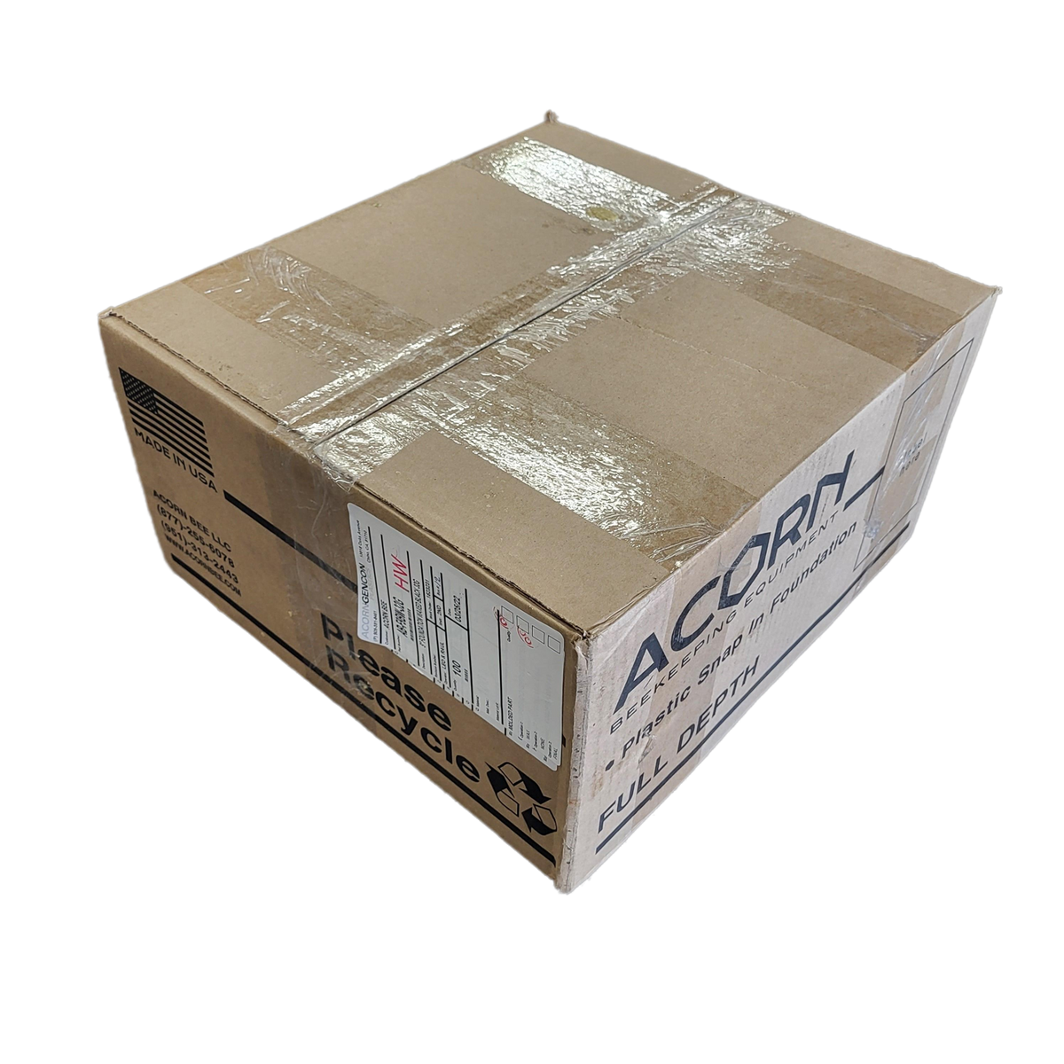 Beige shipping box with printed labels and wrapped contents