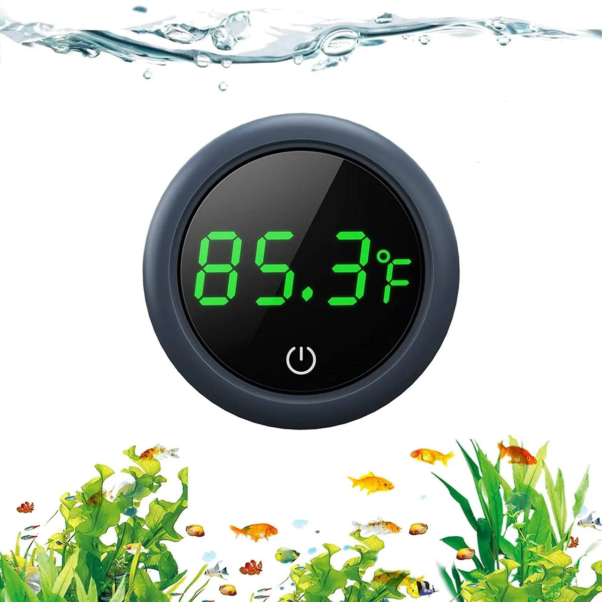 Digital aquarium thermometer with green LED temperature display, round dark gray gauge