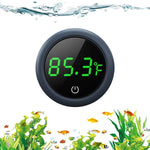 Digital aquarium thermometer with green LED temperature display, round dark gray gauge