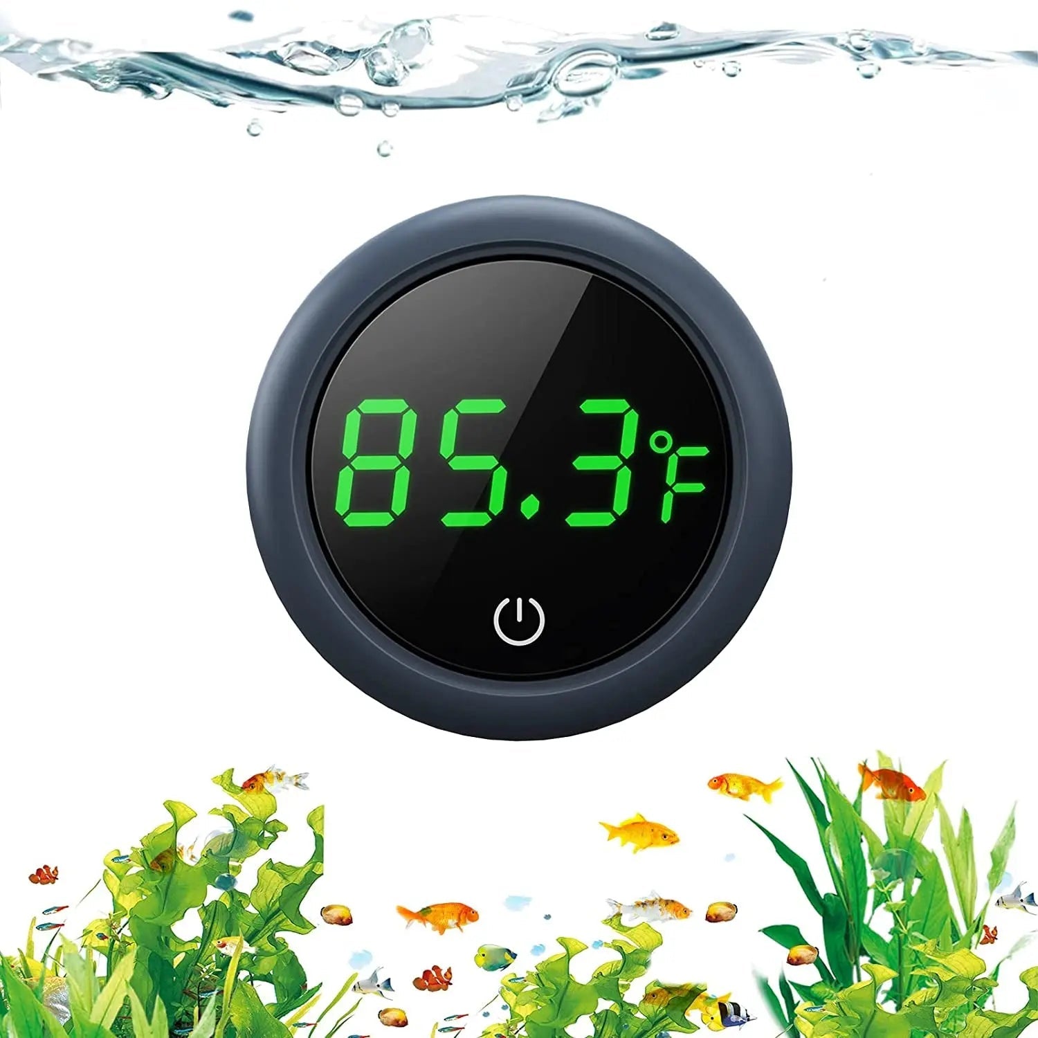 Digital aquarium thermometer with green LED temperature display, round dark gray gauge