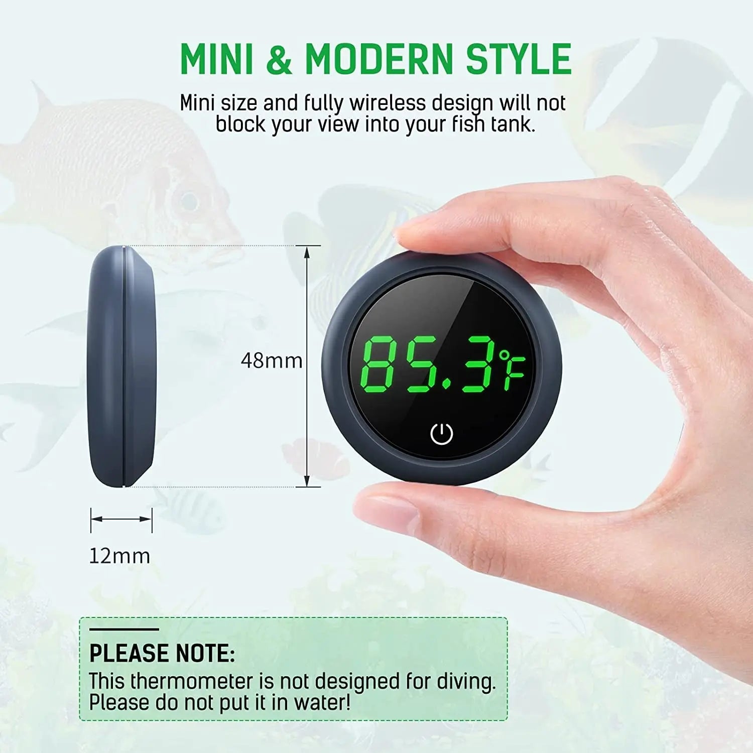 Compact round digital thermometer, green LED 65.3°F, dimensions 48mm x 12mm