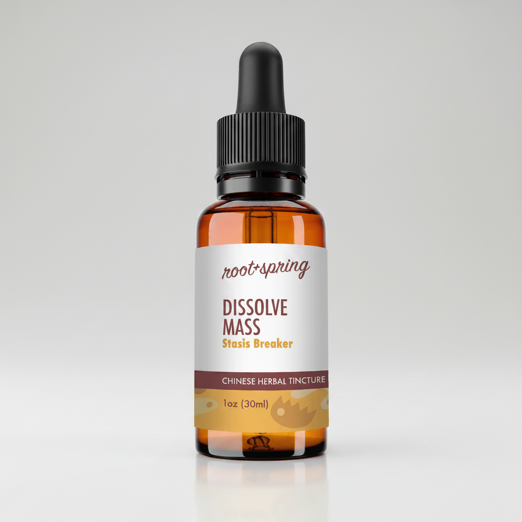 Amber glass tincture bottle with dropper, root spring Dissolve Mass label