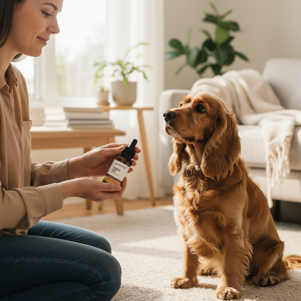 Tincture bottle in hand facing a dog, with woman kneeling beside it