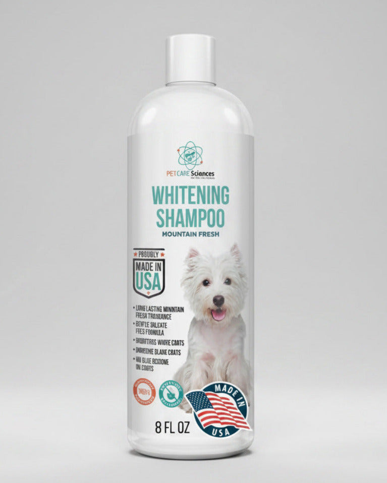 Dog whitening shampoo bottle with mountain fresh scent label and white dog photo