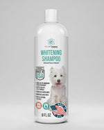 Dog whitening shampoo bottle with mountain fresh scent label and white dog photo
