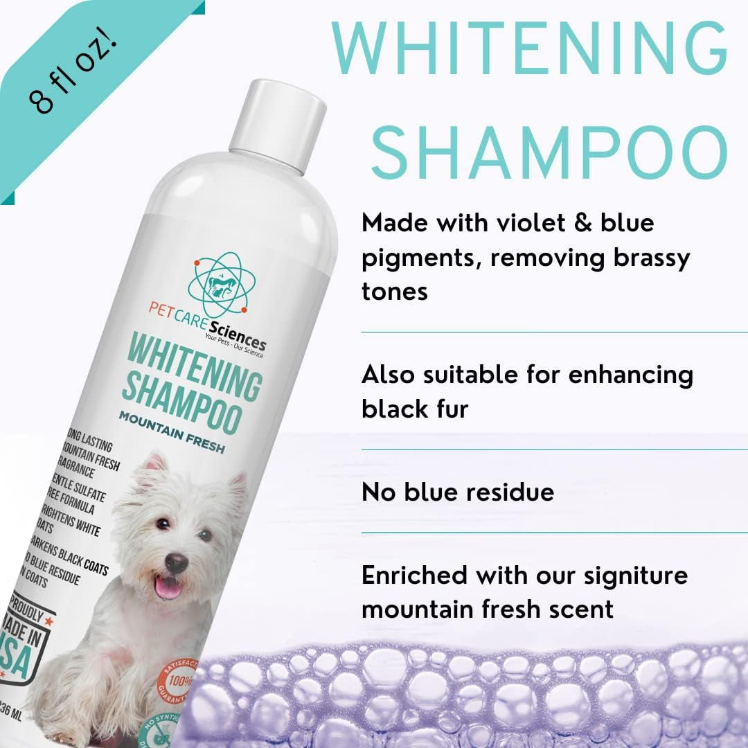 Dog whitening shampoo bottle with whitening label and mountain fresh scent design