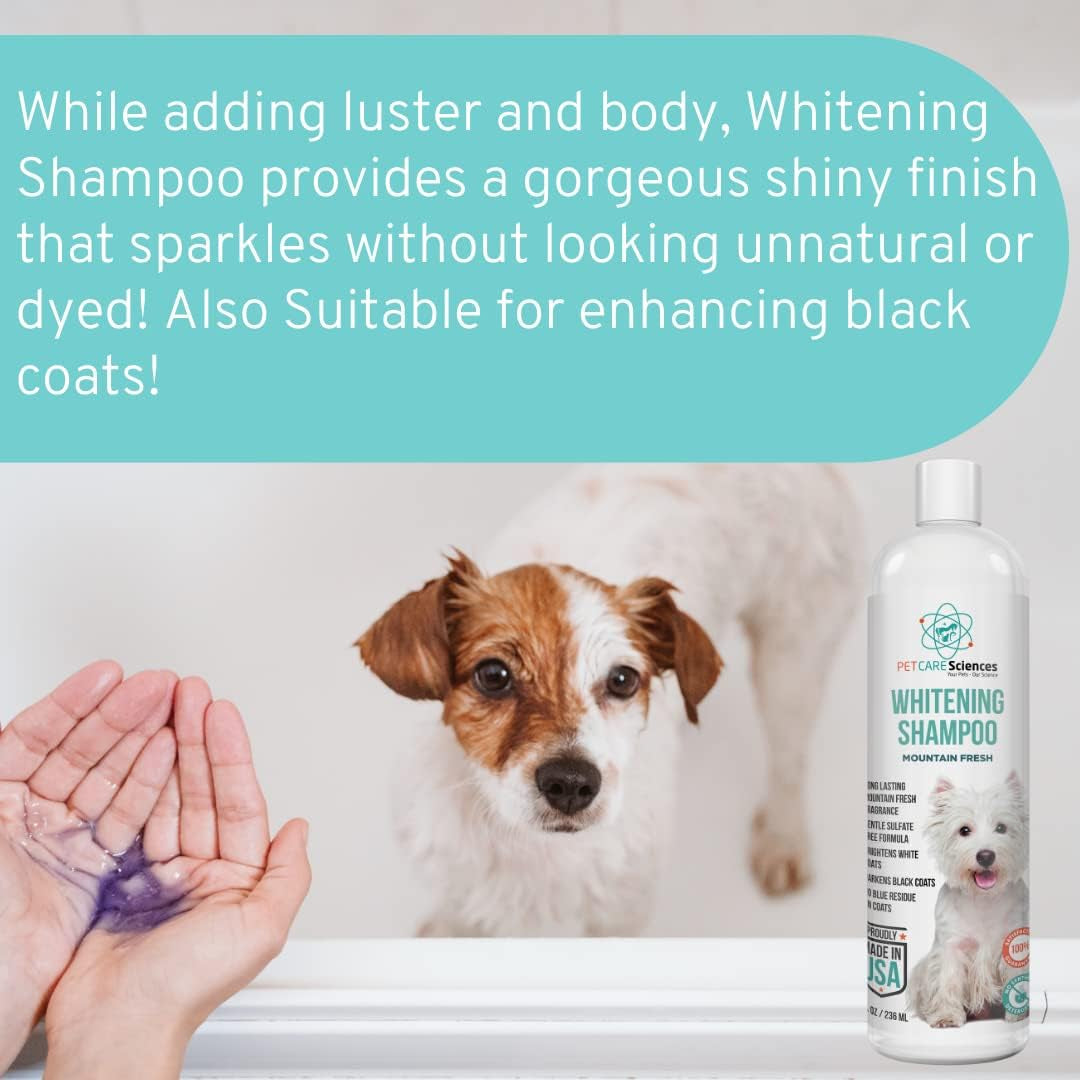 Dog whitening shampoo bottle next to a brown-and-white dog and open hand