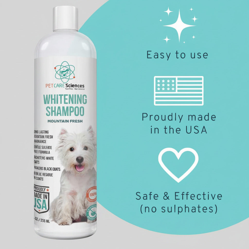 Dog whitening shampoo bottle with white fluffy dog and easy-use icon graphics