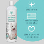 Dog whitening shampoo bottle with white fluffy dog and easy-use icon graphics