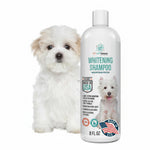 Dog whitening shampoo bottle beside a small white fluffy dog