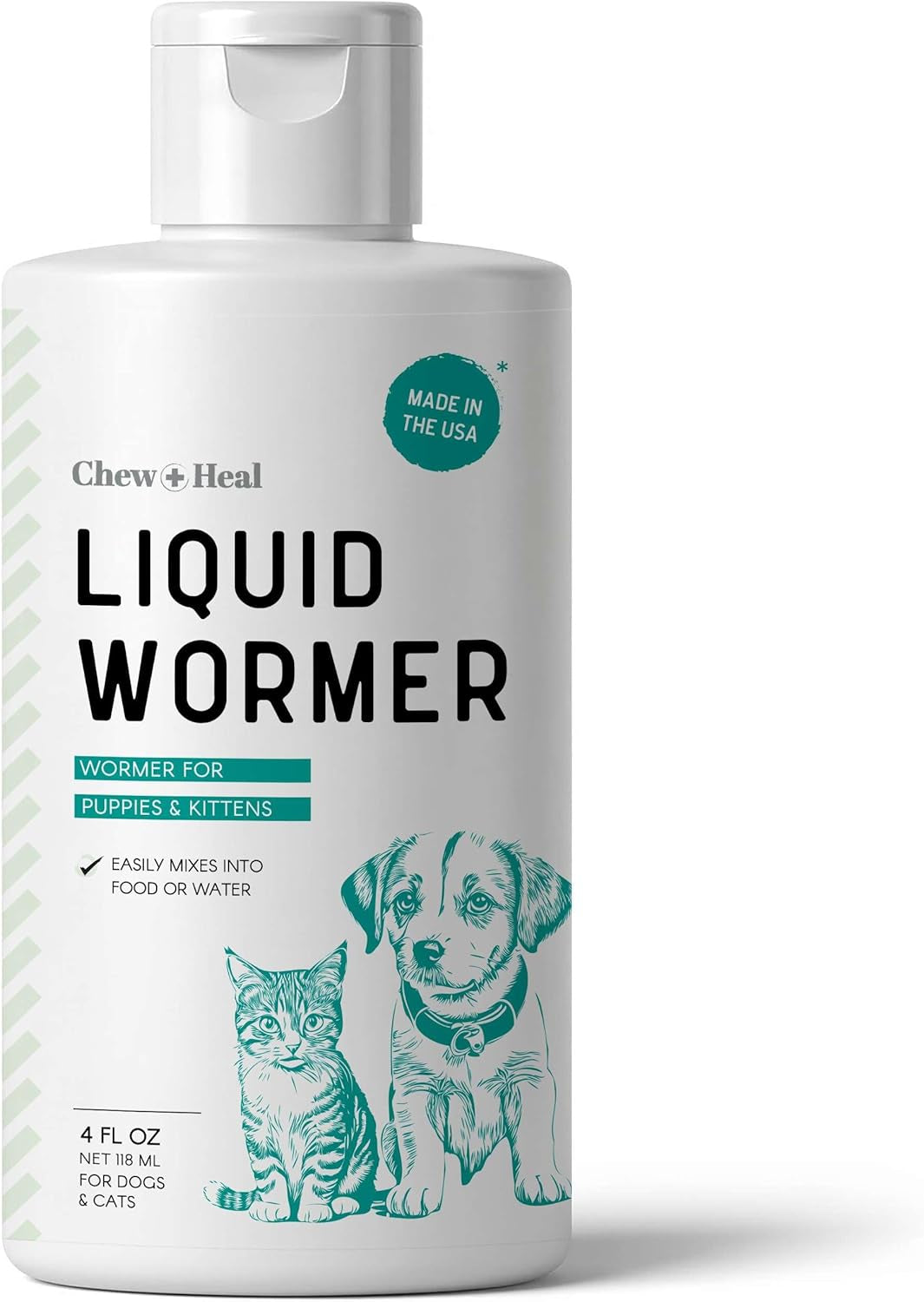 Liquid wormer bottle for puppies and kittens, white with teal label
