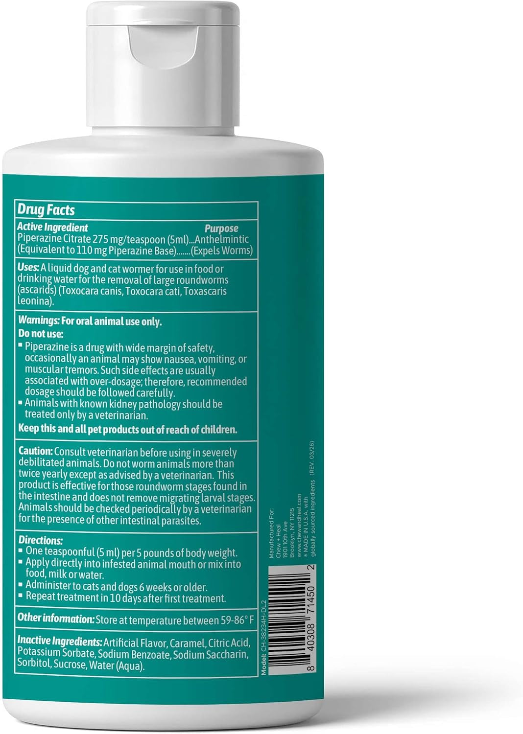 Liquid wormer bottle back label, white bottle with teal information panel
