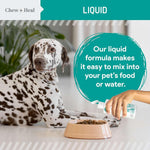 Liquid wormer bottle with teal label, dispensing into pet food bowl