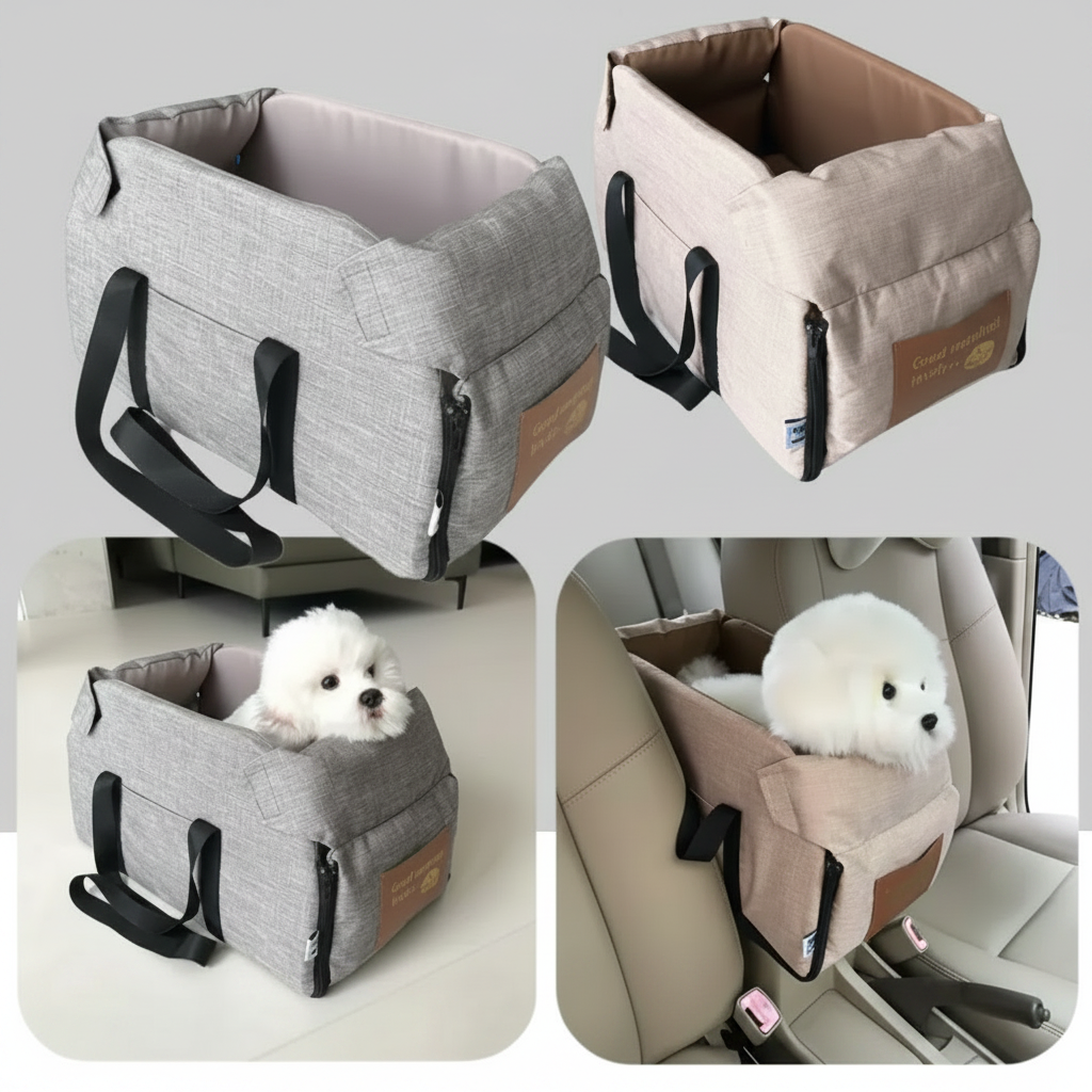 Gray and khaki small pet car seat bed with side handles and zippered access