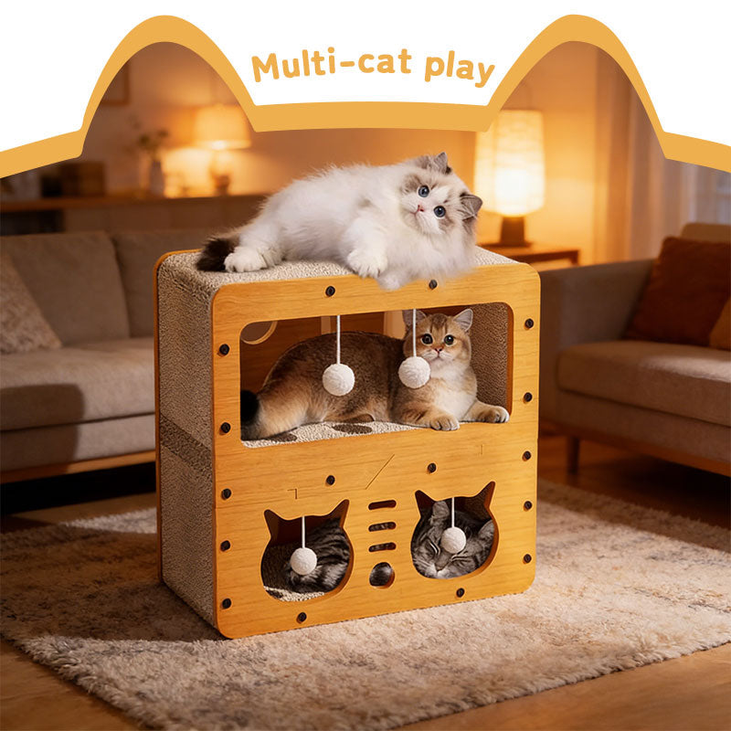 Cardboard cat house with plush ball openings; three cats lounging inside and on top