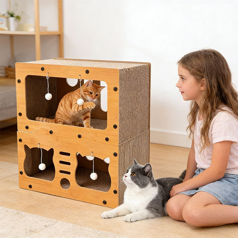 Cardboard cat house with hanging plush balls; orange and gray cats peek through windows