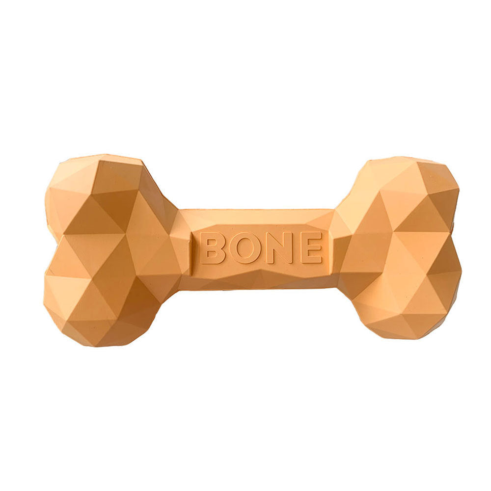 Diamond bone slow-feeding chew toy, beige geometric facets, embossed BONE