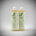 Pet ear and nail cleaner bottles, front view with ingredient labels and amber clear pump
