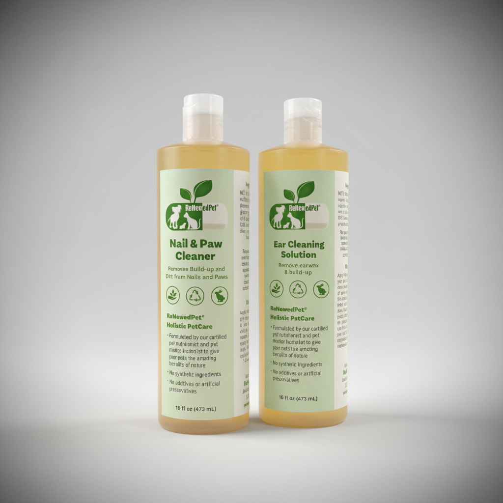 Pet ear and nail cleaner bottles, front view with ingredient labels and amber clear pump