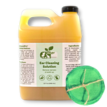 Pet ear cleaning solution bottle with label and round green cleaning pad