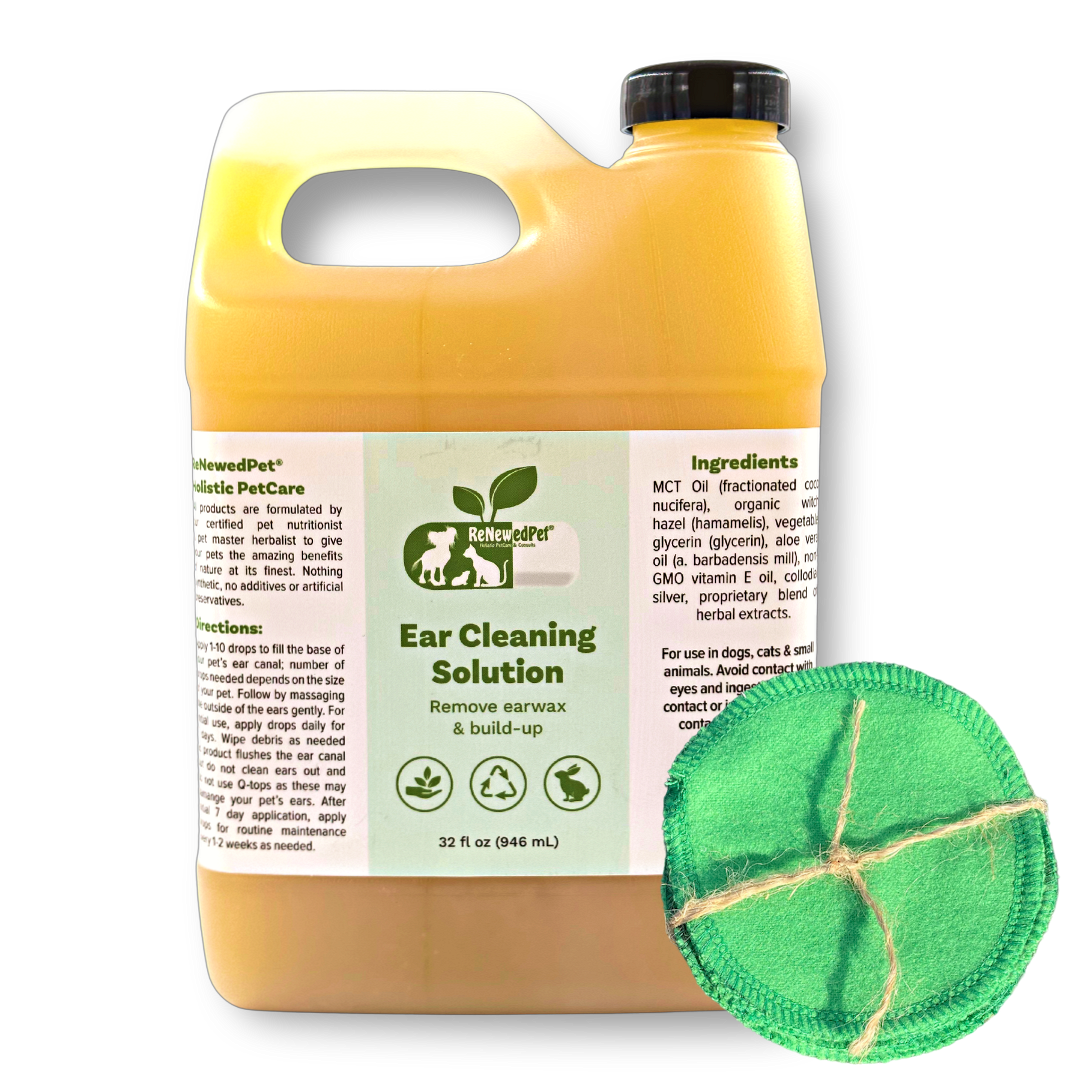 Pet ear cleaning solution bottle with label and round green cleaning pad