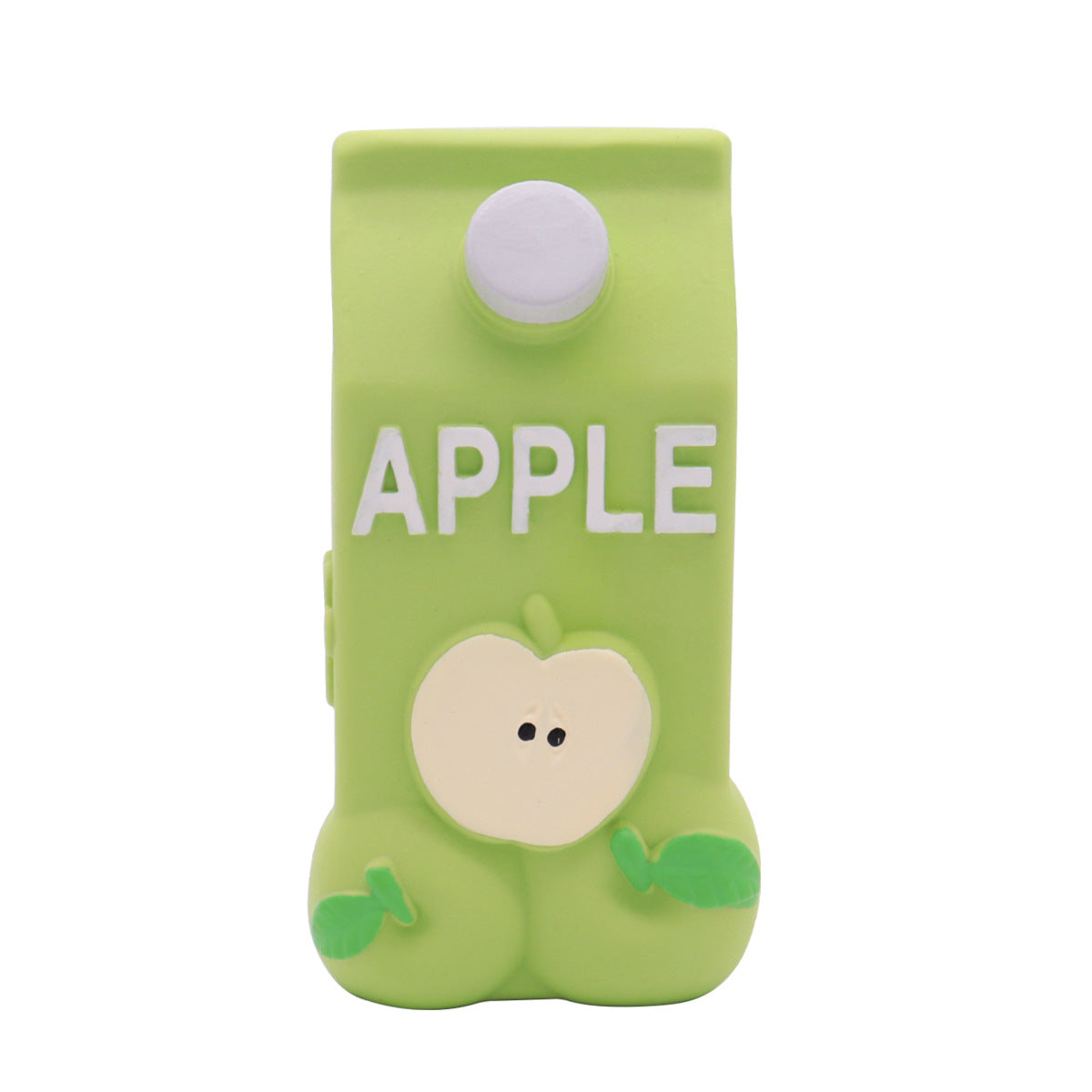 Apple latex squeaky dog toy, lime green bottle with white cap and apple face graphic