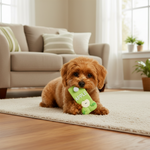 Apple latex squeaky dog toy, lime green bottle with white cap and apple face design
