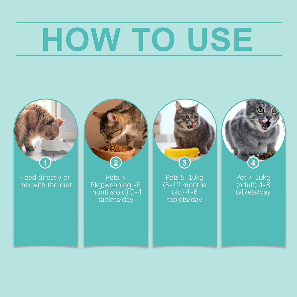 How to use guide for cat supplement tablets with feeding steps shown in circles
