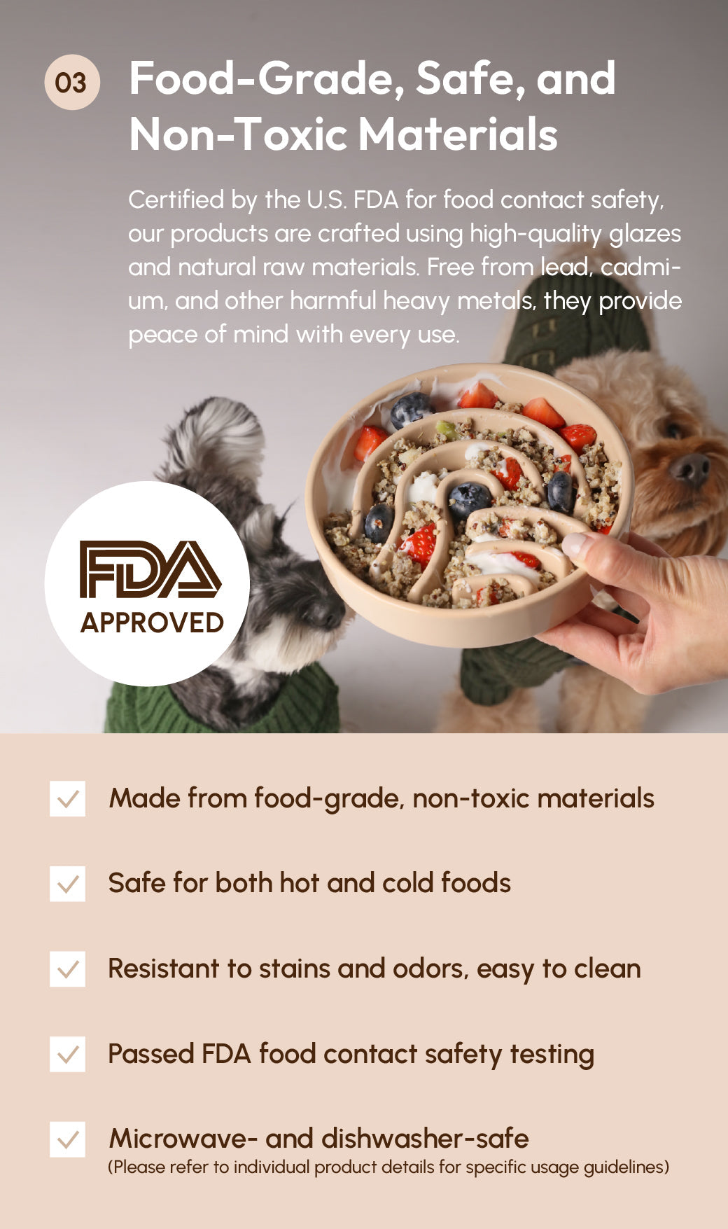 Food-grade ceramic slow feeder dog bowl with wave pattern and FDA approved seal