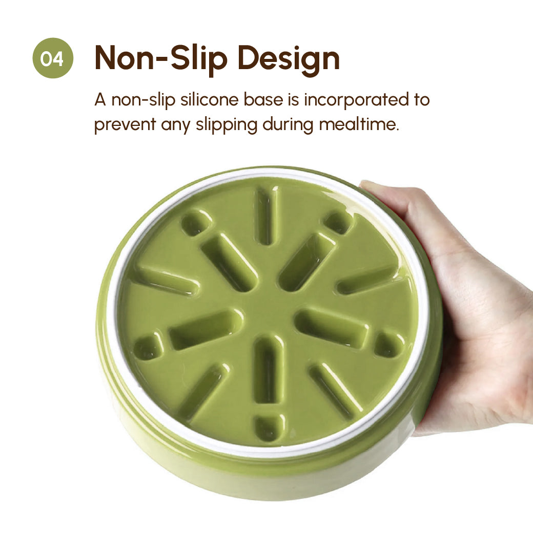 Green non-slip silicone base of slow feeder dog bowl, textured wave pattern