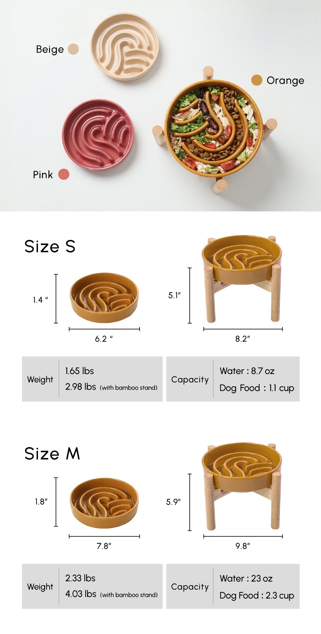 Size chart for wave slow feeder dog bowls: S and M, with capacities and colors
