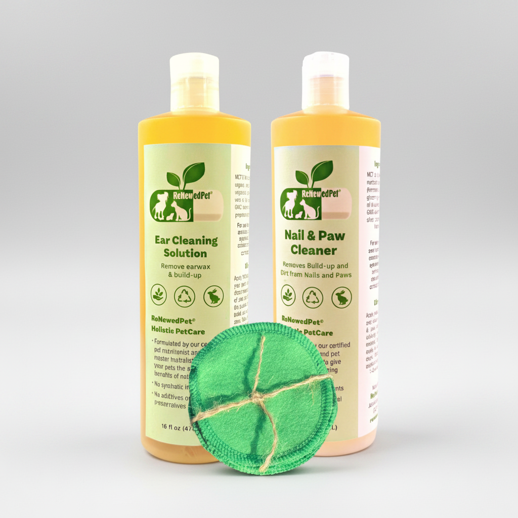Pet ear and nail cleaner bottles with green reusable cotton pads, clear pump bottles
