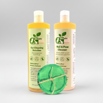 Pet ear and nail cleaner bottles with green reusable cotton pads, clear pump bottles