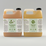 Pet ear and nail cleaner jugs, side labels and ingredient panels on tan plastic bottles