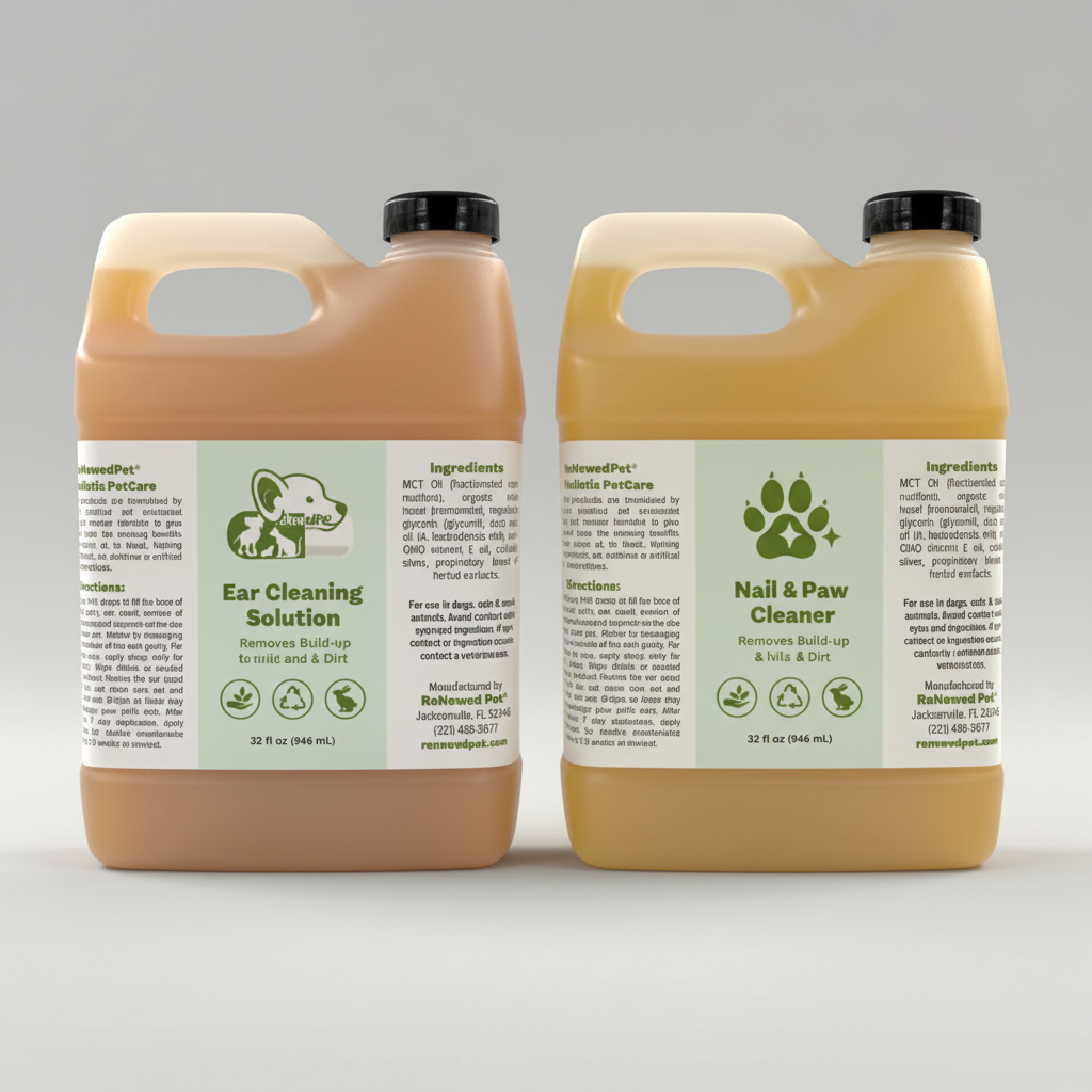 Pet ear and nail cleaner jugs, side labels and ingredient panels on tan plastic bottles