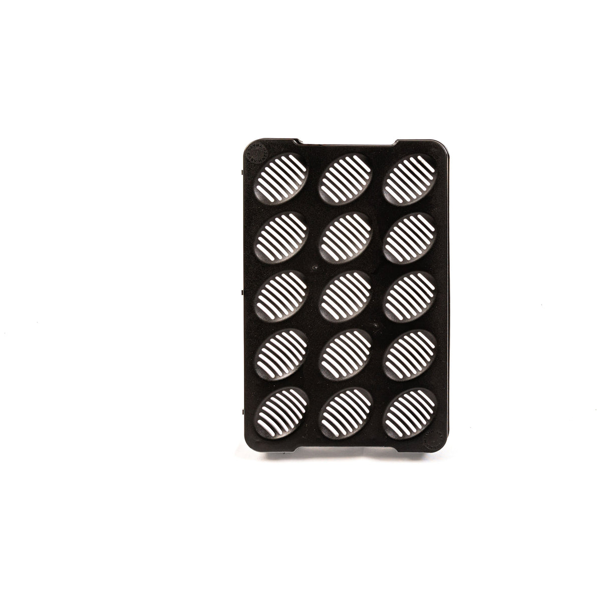 Black 15-slot hatch tray with ribbed circular egg wells, front view
