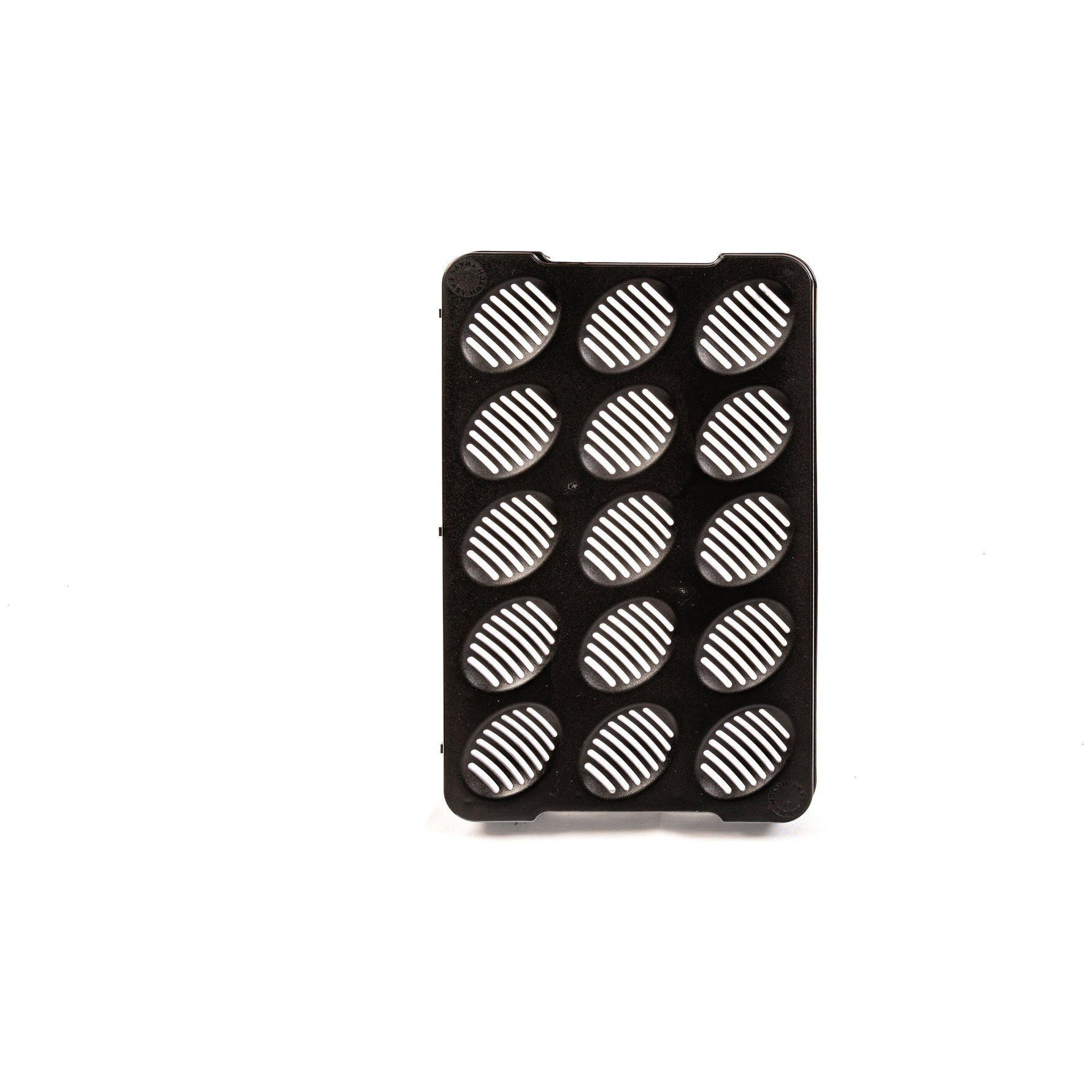 Black 15-slot hatch tray with ribbed circular egg wells, front view