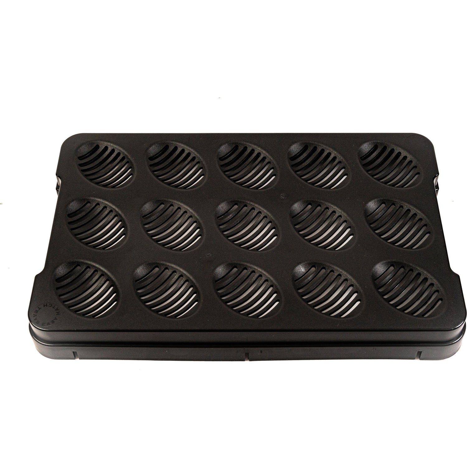 Black 15-slot hatch tray lid with ribbed circular egg wells, top view