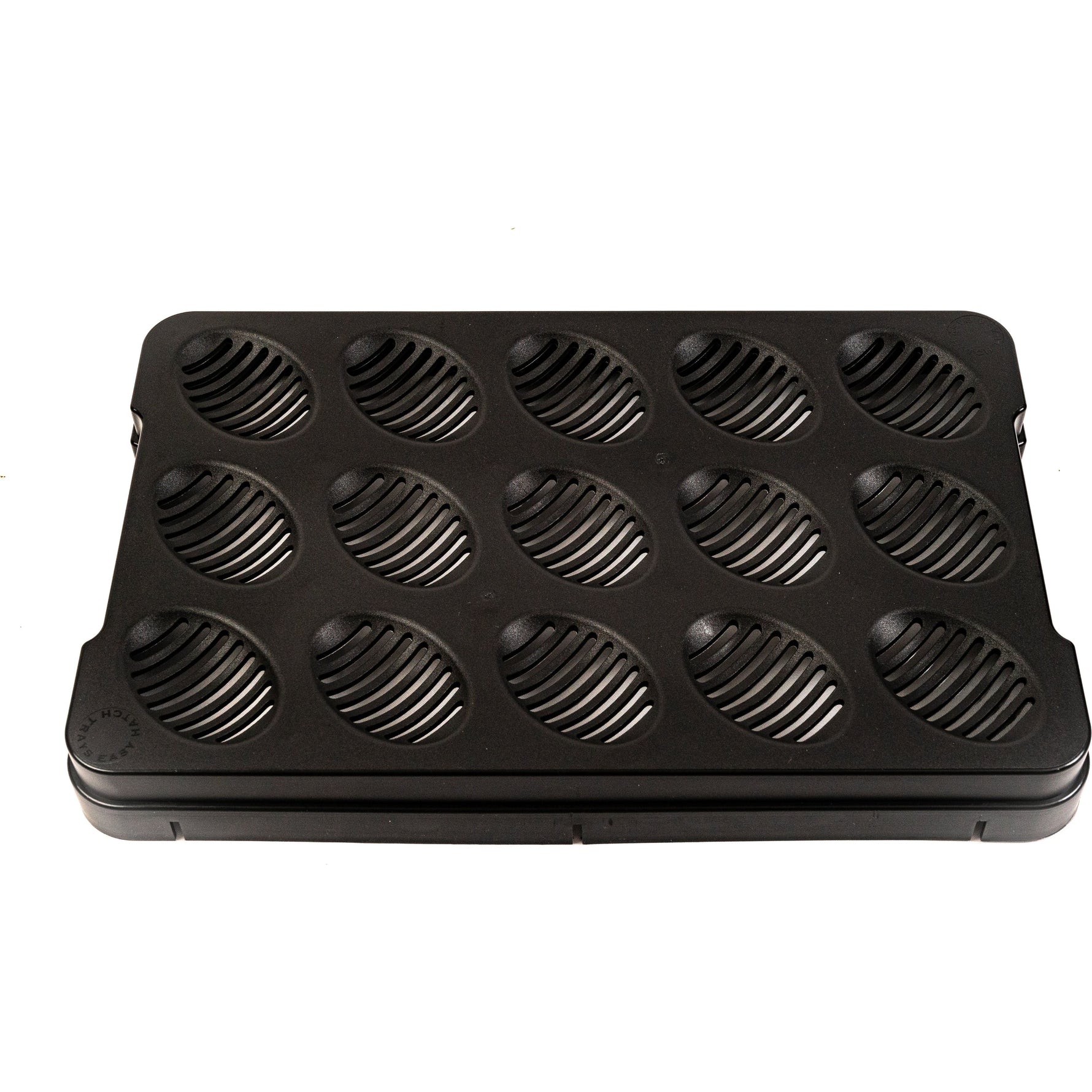 Black 15-slot hatch tray lid with ribbed circular egg wells, top view