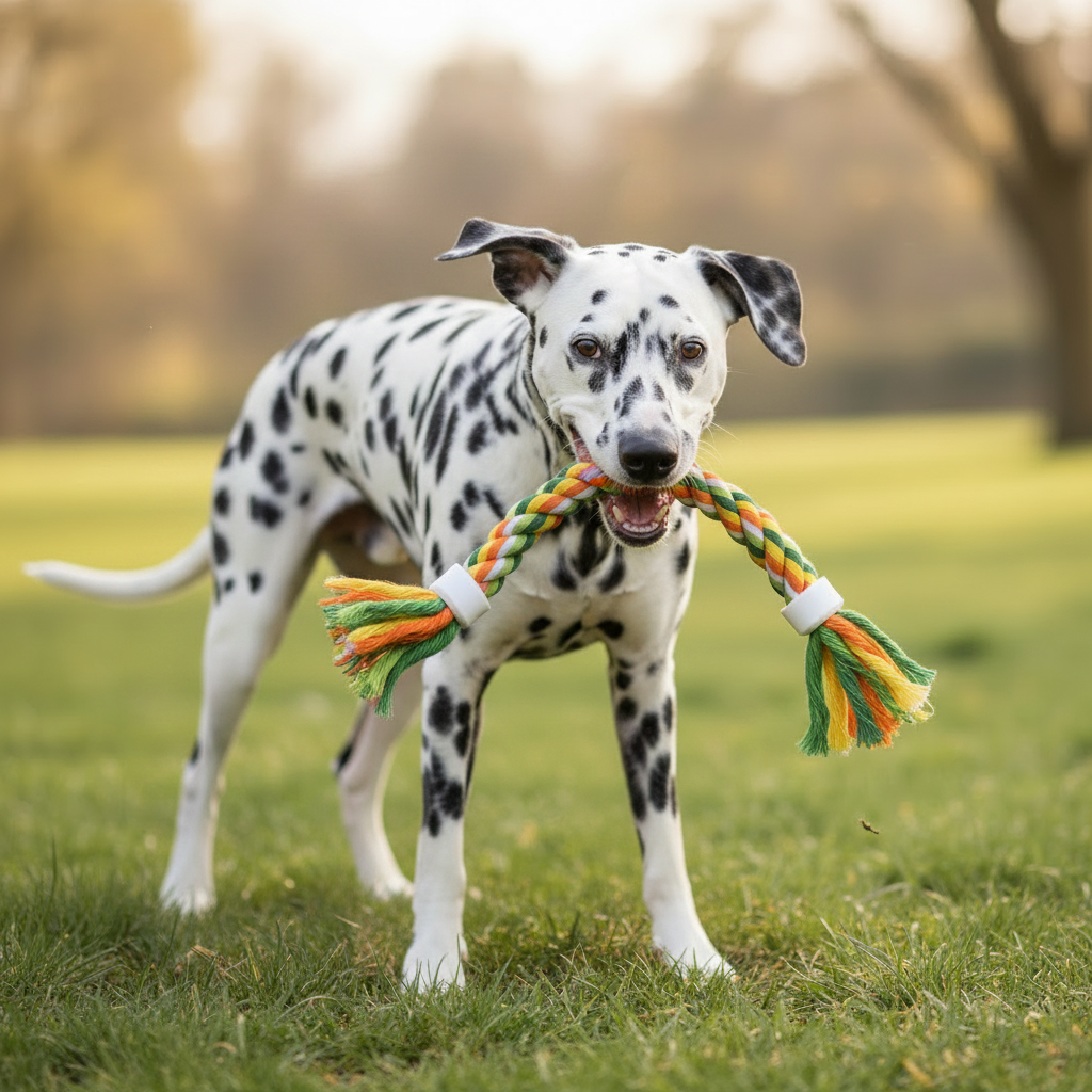 Small pet holding a striped twisted climbing rope with cotton tassels