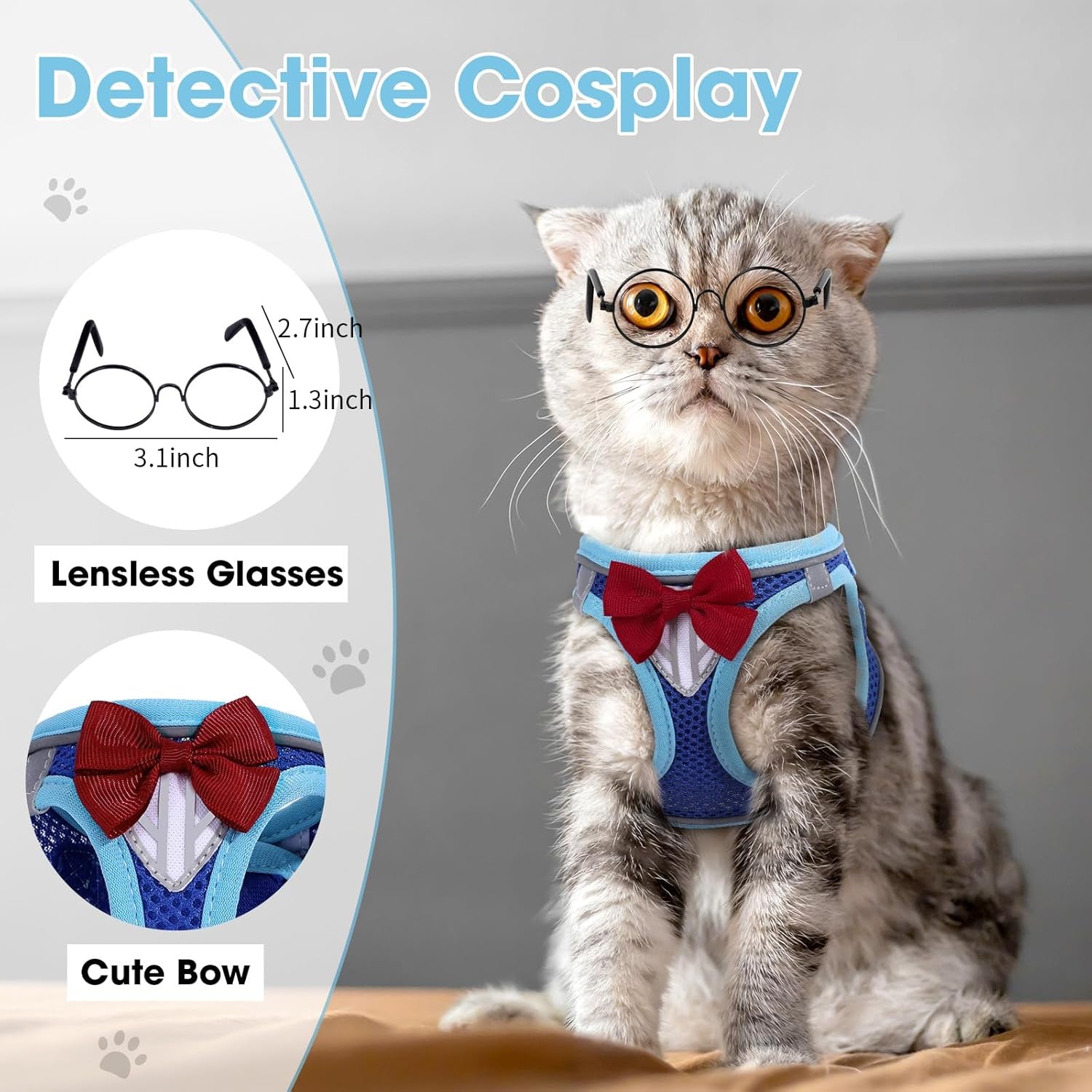 Blue cat harness with red bow, padded breathable mesh, and matching leash strap