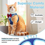 Orange cat wearing blue breathable harness with red bow; padded air-mesh chest panel