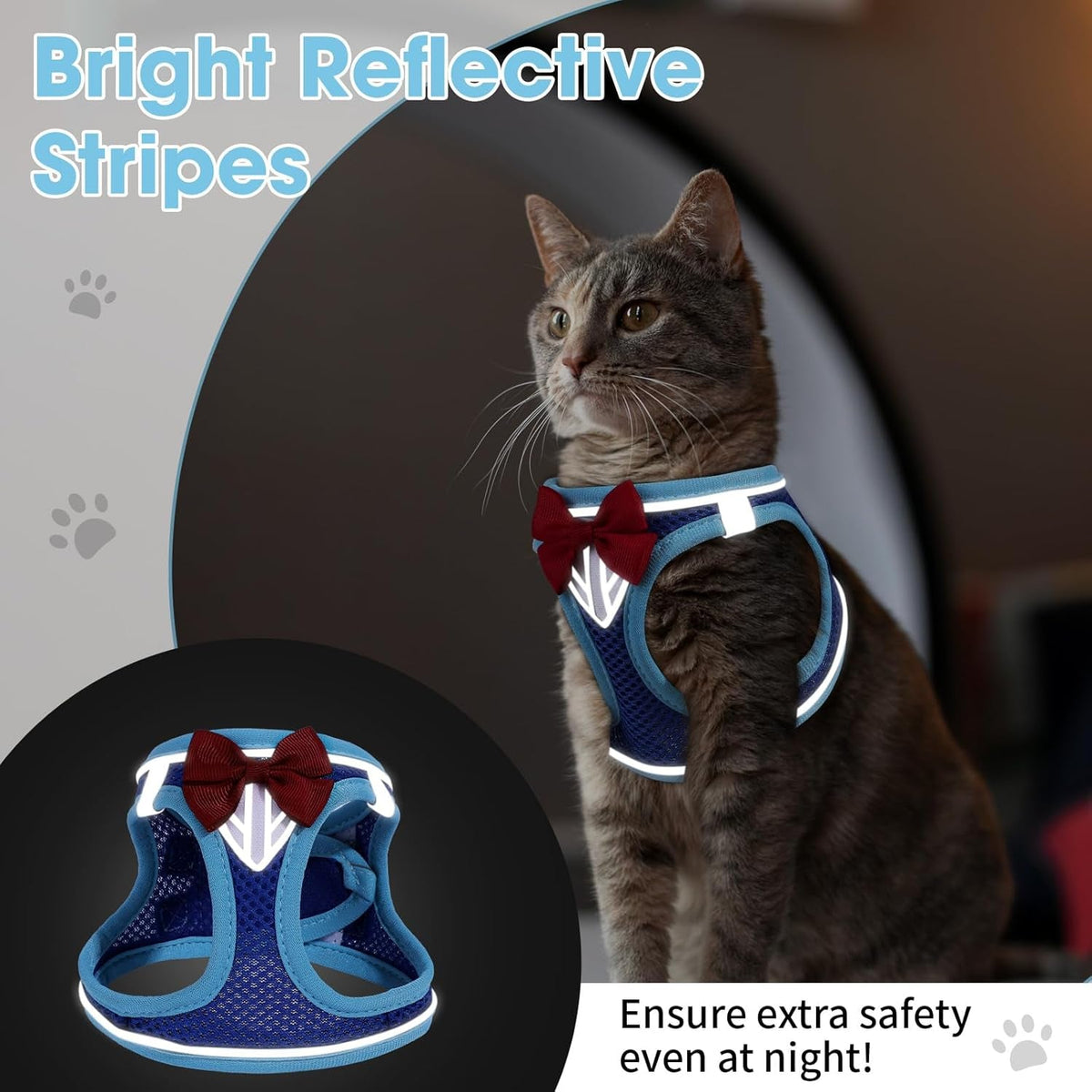 Dark grey cat harness with red bow; reflective trim around chest and leg openings