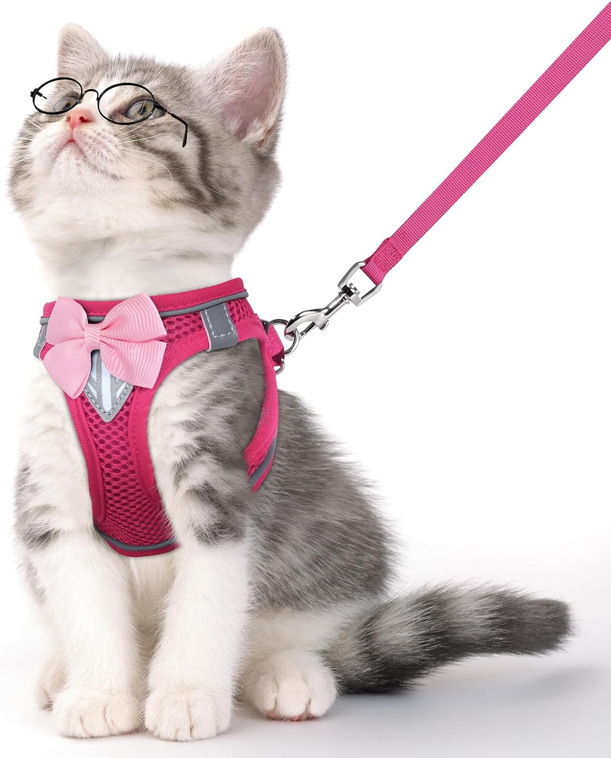Pink reflective cat harness with pink bow and pink leash strap; padded breathable fabric