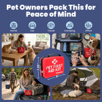 Pet first aid kit shown for home, car, travel, camping, and office storage