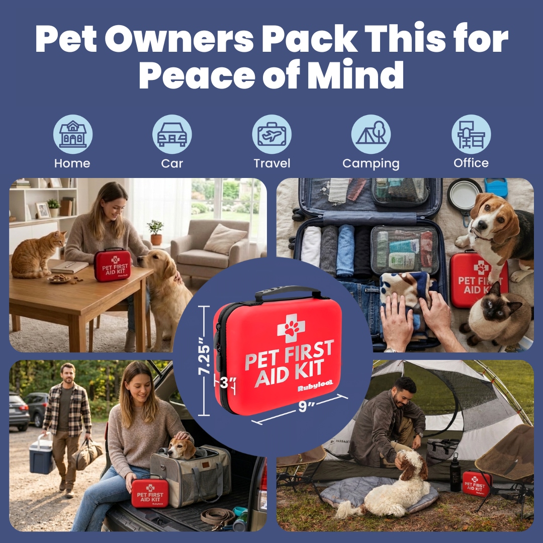 Pet first aid kit shown for home, car, travel, camping, and office storage